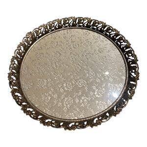 Vintage Gold Tone Ornate Round Vanity Tray Pierced Filigree Floral Glass